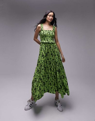 Robe chasuble mi-longue froncée à fleurs - Vert et noir - Topshop - Modalova