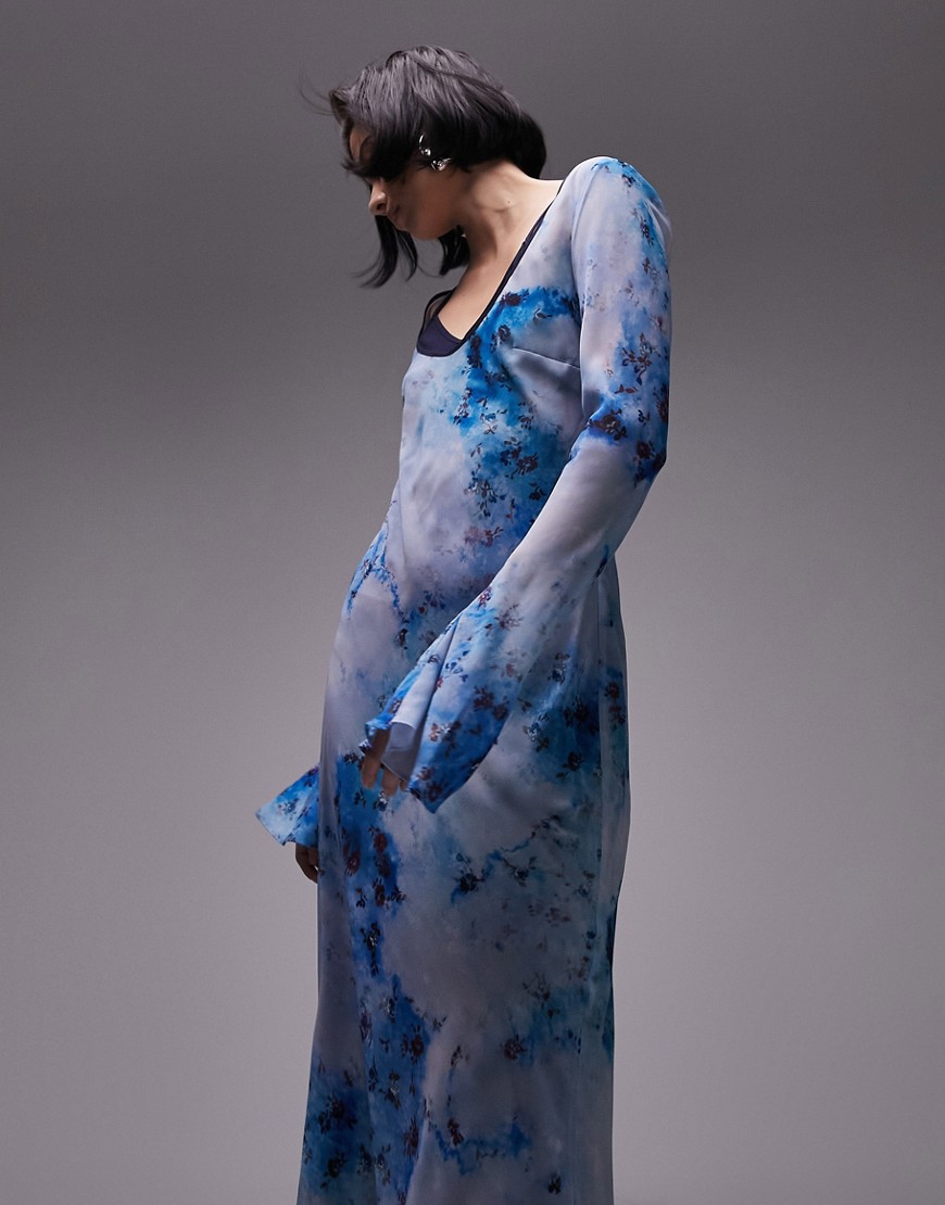 Robe longue à fleurs avec bordures fantaisie - Bleu effet vieilli - Topshop - Modalova