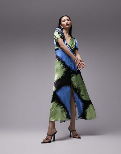 Robe longue imprimée à décolleté en V et manches évasées - Bleu et vert - Topshop - Modalova