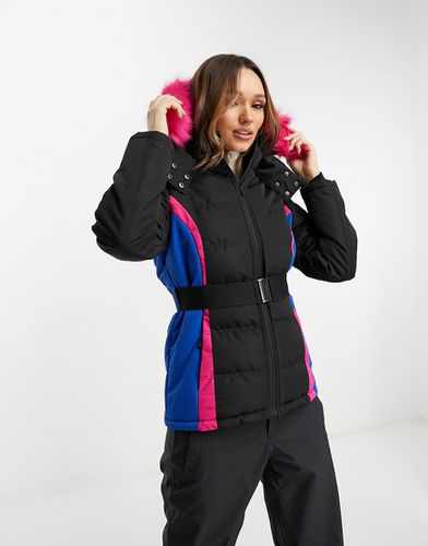 Doudoune de ski avec capuche bordée de fausse fourrure - Noir et rose - Threadbare - Modalova