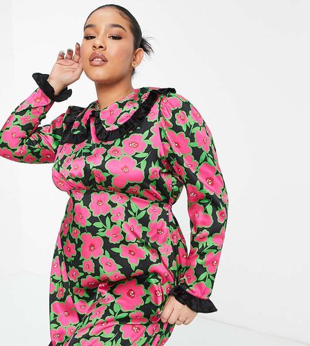 Robe courte avec col effet plastron et imprimé floral - Rose et noir - Twisted Wunder Plus - Modalova
