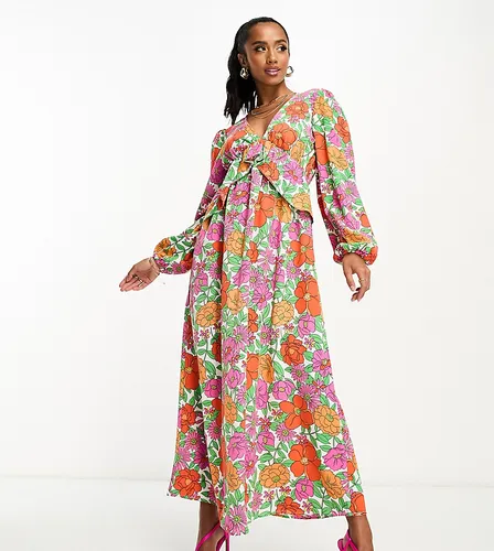 Robe mi-longue à imprimé fleuri coloré avec taille volantée et manches ballon - Vila Petite - Modalova