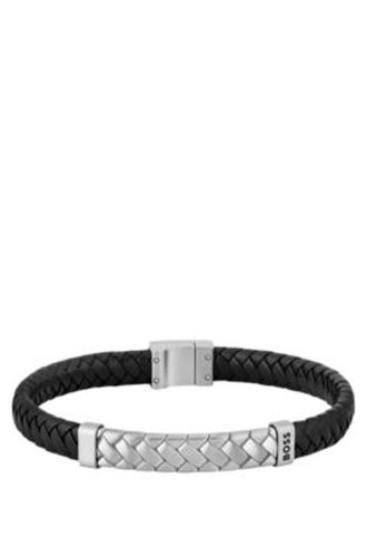 Bracelet tressé en cuir avec pièces métalliques motif chevrons - Boss - Modalova