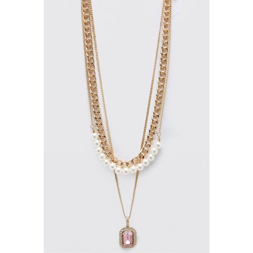 Collier à chaînes multiples avec perles et pendentif cadenas - Boohooman - Modalova