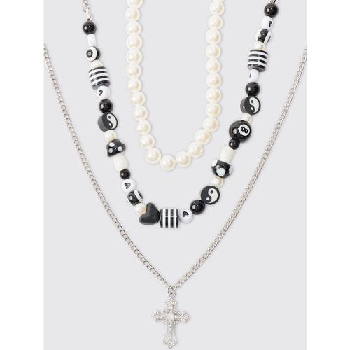 Pack Beaded Necklace With Cross Pendant In Silver - Boohooman - Modalova