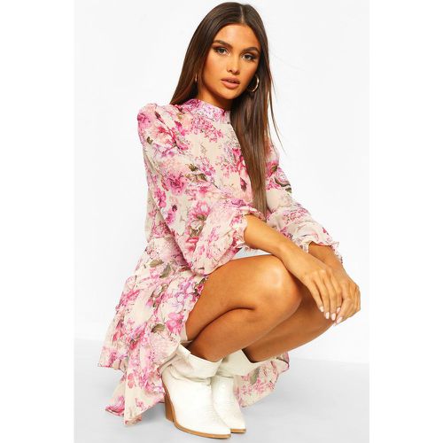 Robe Volantée À Col Montant Et Imprimé Fleuri - boohoo - Modalova