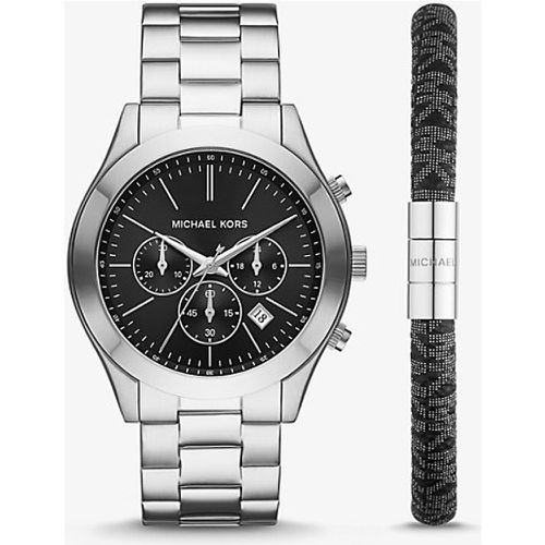 MK Coffret avec montre Slim Runway argentée surdimensionnée et bracelet avec logo - Michael Kors - Modalova