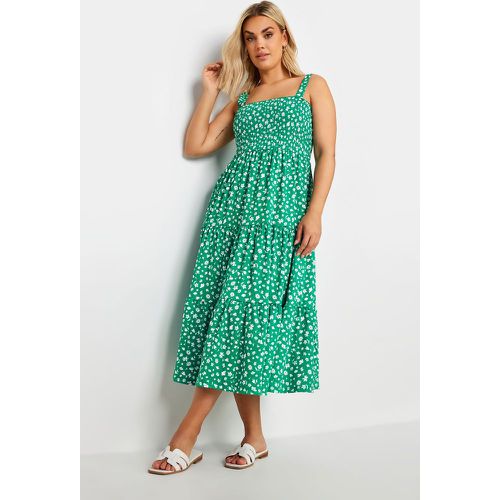 Curve Green Ditsy Floral Print Shirred Dress, Grande Taille & Courbes - Yours - Modalova