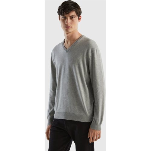 Benetton, Pull En Pur Coton À Col En V, taille L, Gris Clair - United Colors of Benetton - Modalova