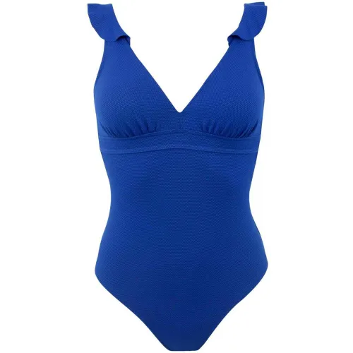 Maillot de bain 1 pièce plongeant à volant Bleu - Janine Robin - Modalova