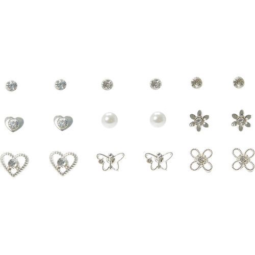 Lot de 9 paires de clous d'oreilles floraux, perles d’imitation et strass couleur - Claire's - Modalova