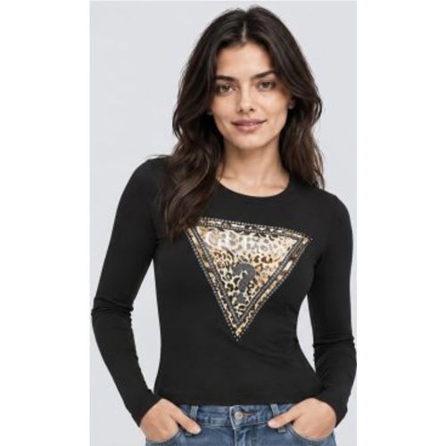 W6BI57K7387 T-shirt Savanna avec triangle léopard (S), Casuel, Coton, Manche longue - Guess - Modalova