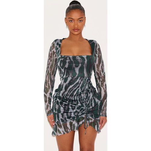 Shape Robe moulante imprimé abstrait en mesh manches longues froncée sur le côté à ourlet volanté - PrettyLittleThing - Modalova