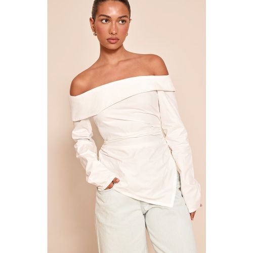 Top en coton froncé à col bardot et ourlet asymétrique | Taille 38 - PrettyLittleThing - Modalova