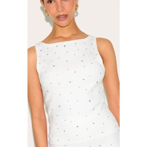 Petite Top long en maille tricot blanche à col bateau et strass - PrettyLittleThing - Modalova