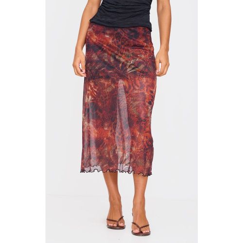Jupe mi-longue en mesh bordeaux imprimé abstrait multicolore - PrettyLittleThing - Modalova