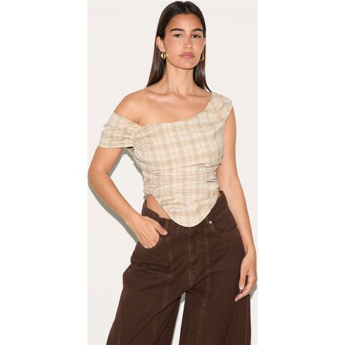 Top asymétrique à carreaux et col bardot - PrettyLittleThing - Modalova