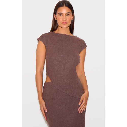 Top long asymétrique côtelé brossé marron chocolat à mancherons - PrettyLittleThing - Modalova