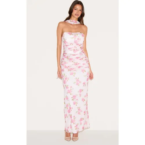 Robe longue fleurie froncée à détail foulard - PrettyLittleThing - Modalova