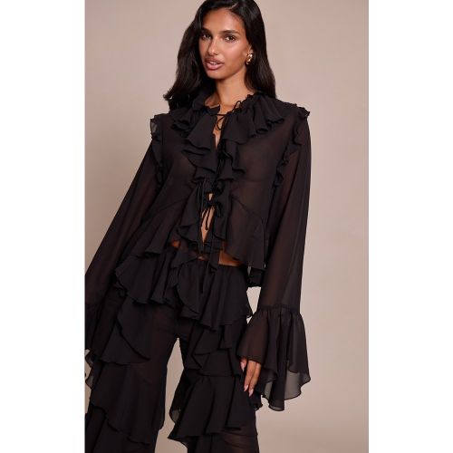 Chemise en mousseline de soie à manches longues et volants | Taille 34 - PrettyLittleThing - Modalova