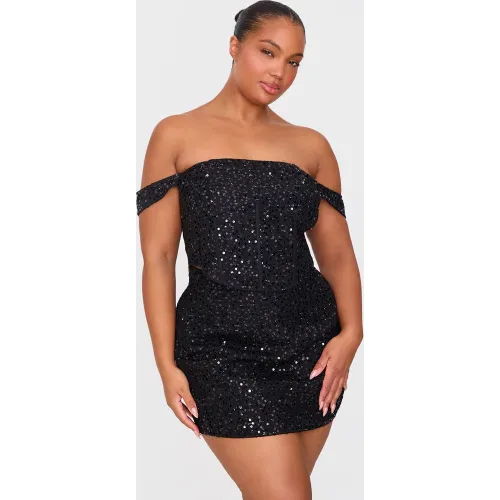 Plus Crop top noir à sequins, Noir - PrettyLittleThing - Modalova