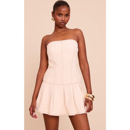 Mini robe en jean effet lin écru plissée à coutures contrastantes | Taille 38 - PrettyLittleThing - Modalova