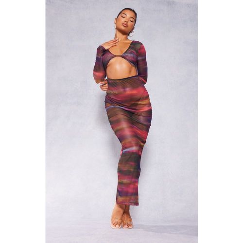 Robe longue en mesh imprimé abstrait découpée à manches longues - PrettyLittleThing - Modalova