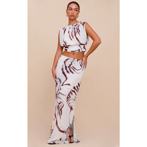 Jupe longue en mousseline de soie blanche imprimé coquillages fendue | Taille 32 - PrettyLittleThing - Modalova