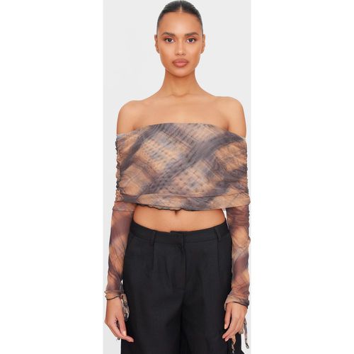 Crop top en mesh drapé à carreaux et manches très longues - PrettyLittleThing - Modalova