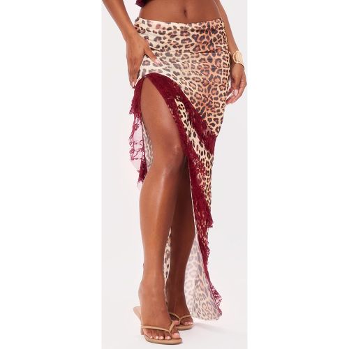 Jupe longue rouge cerise imprimé léopard fendue à doublure en mesh et empiècement en dentelle - PrettyLittleThing - Modalova