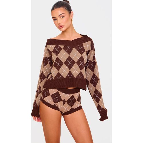 Pull ample en maille jacquard chocolat imprimé losanges à col en V - PrettyLittleThing - Modalova