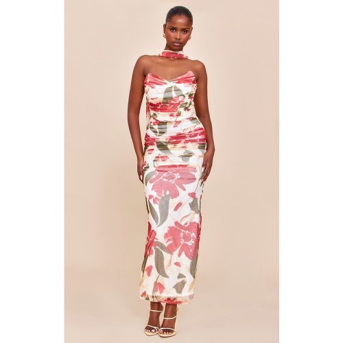 Robe longue fleurie froncée à détail foulard | Taille 34 - PrettyLittleThing - Modalova