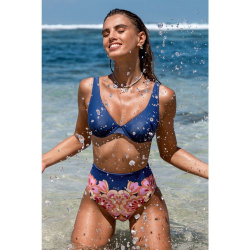 Bikini à col scoop bleu et bas taille haute à fleurs roses rétro - CUPSHE - Modalova