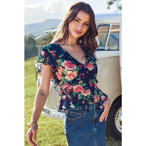 Blouse avec manches à volants et fleurs bleu foncé - CUPSHE - Modalova