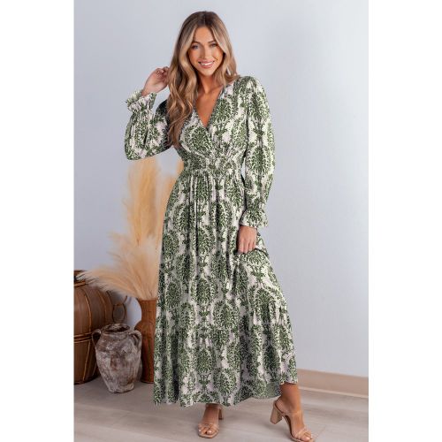 Robe longue à col en v avec manches longues en damas - CUPSHE - Modalova