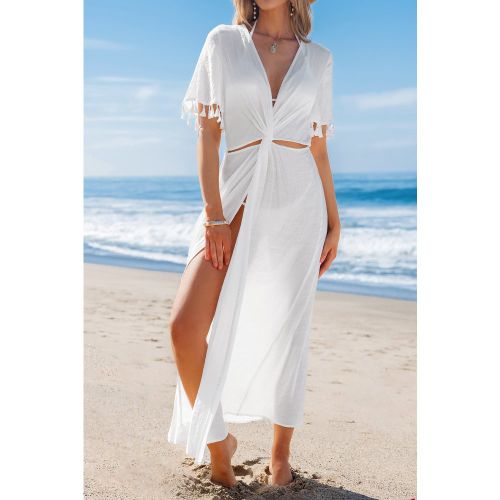 Robe cover up blanche tissée à col plongeant - CUPSHE - Modalova