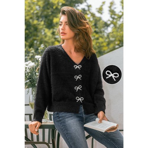 Cardigan tricoté noir col V - CUPSHE - Modalova