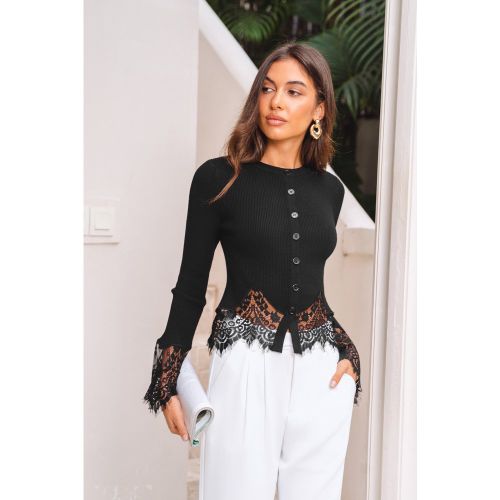 Cardigan en tricot à col rond et bordure en dentelle - CUPSHE - Modalova