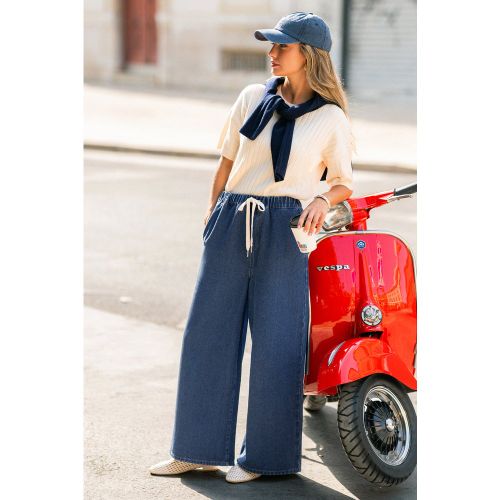 Jean délavé moyen à taille élastique et jambe large - CUPSHE - Modalova