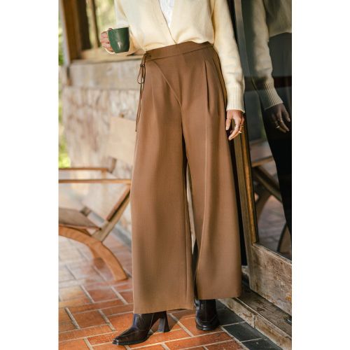 Pantalon marron à taille élastiquée et lien côté - CUPSHE - Modalova