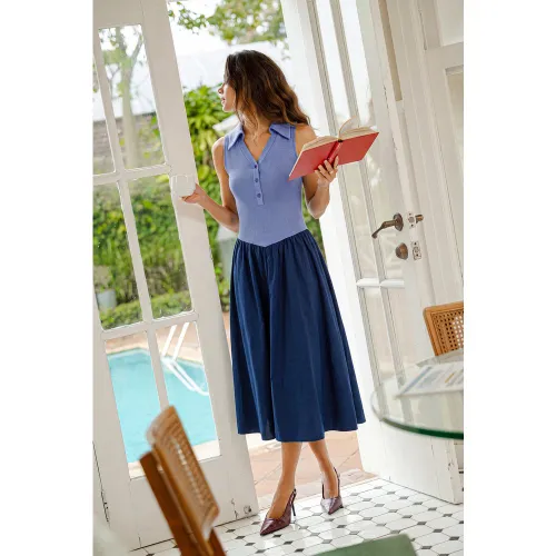 Robe midi bleue à col chemise sans manches - CUPSHE - Modalova