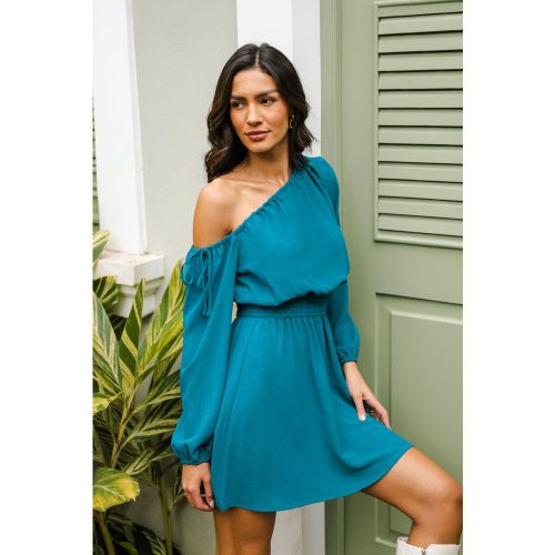 Robe courte bleue à col asymétrique et manches longues - CUPSHE - Modalova