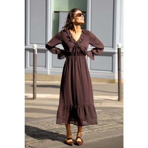 Robe longue marron à col V et bordure volantée - CUPSHE - Modalova