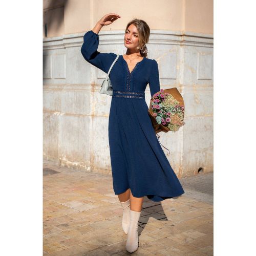 Robe midi bleue à col cranté et manches longues - CUPSHE - Modalova