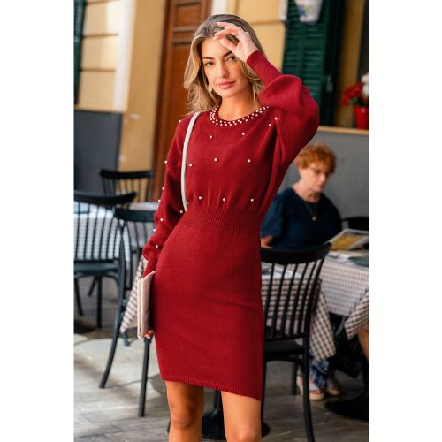 Robe pull courte rouge à col rond et détails en fausses perles - CUPSHE - Modalova