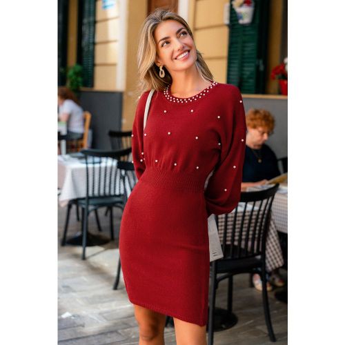 Robe pull courte rouge à col rond et détails en fausses perles - CUPSHE - Modalova