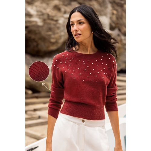 Pull rouge en tricot à col rond et détails en fausses perles - CUPSHE - Modalova