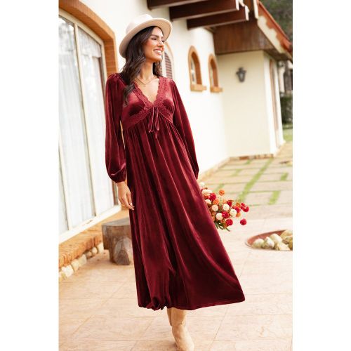 Robe longue rouge à col plongeant et bordure en dentelle - CUPSHE - Modalova
