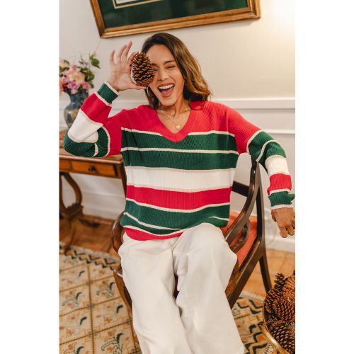Pull rayé en mélange de rayonne à col V et manches longues - CUPSHE - Modalova
