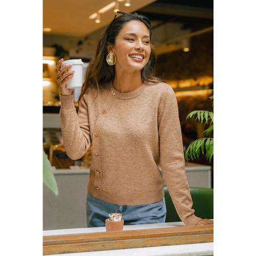 Pull camel en tricot à col rond et boutons asymétriques - CUPSHE - Modalova